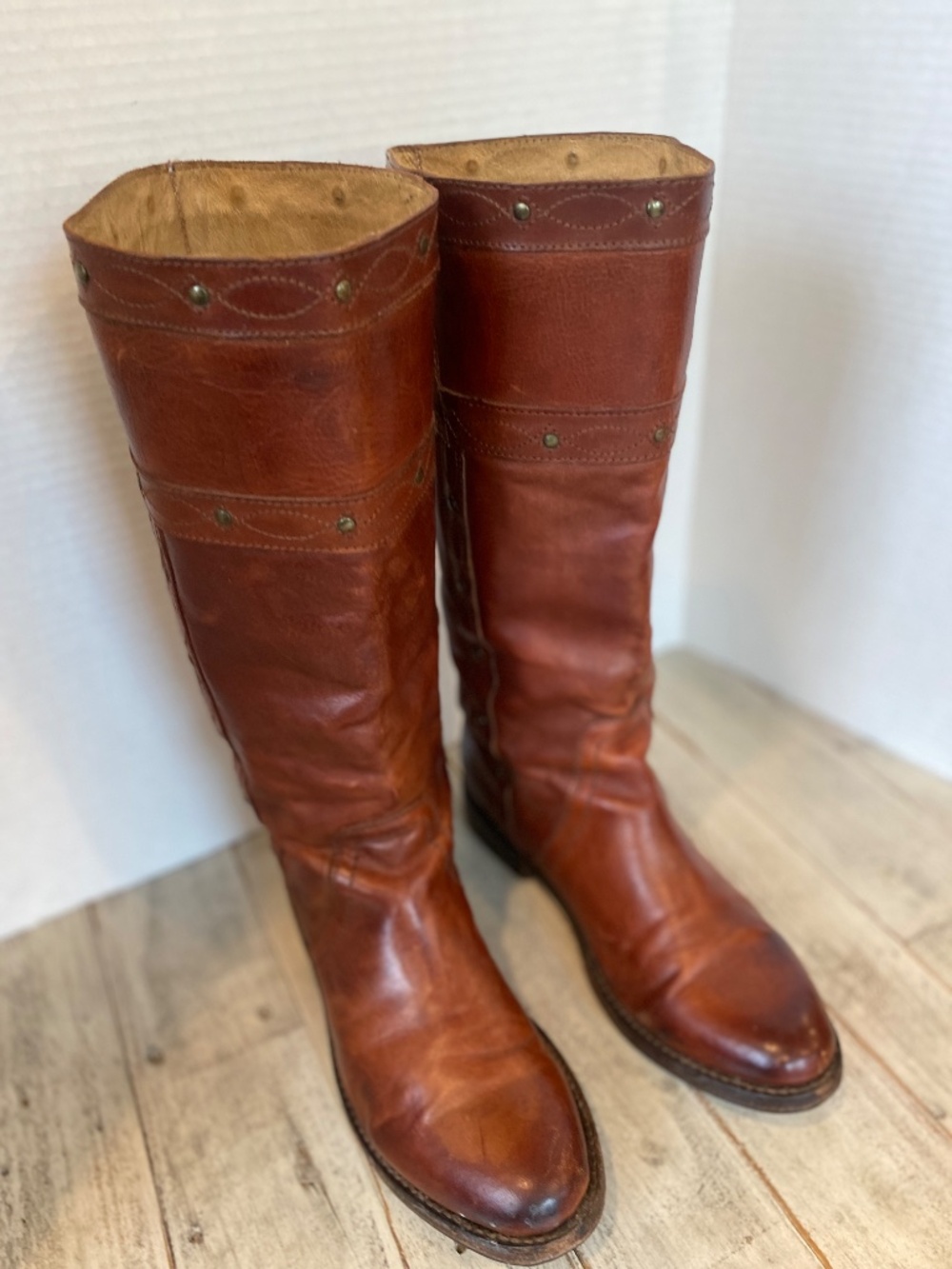 Vintage Frye 4001 Riding Boots Womens 7 B Cognac Brown Leather Pull on Mexico